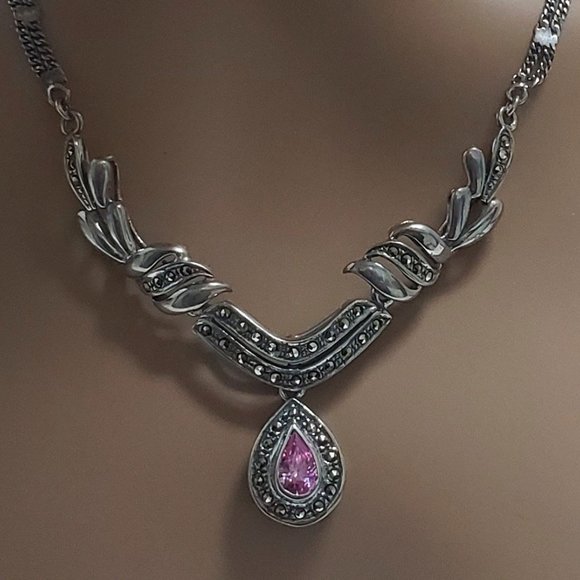 Vintage Rose Quartz Marcasite Teardrop Necklace - Picture 2 of 6